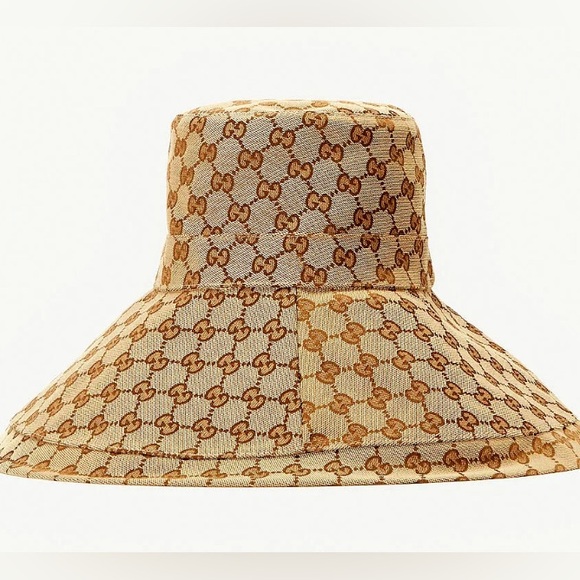 Gucci GG Beige Canvas Denim Wide Large Brim Monogram Jacquard Beach Bucket Hat - Picture 11 of 13